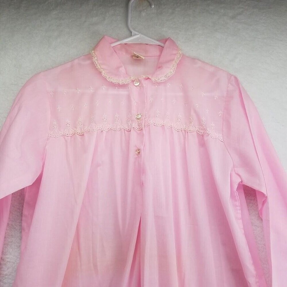 Katz‎ Gown Womens 34 Pink Long Sleeve Buttons Eyelet Lace Vintage 60s Nightgown